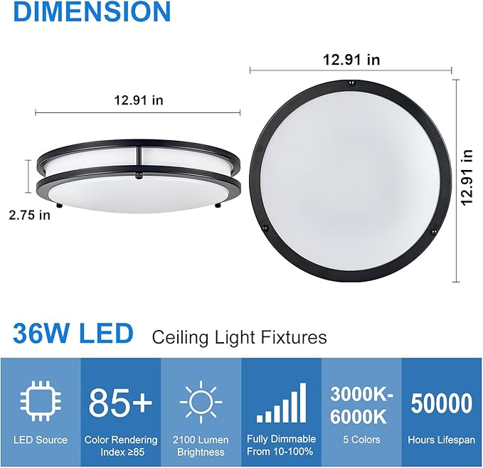 DLLT Flush Mount LED Ceiling Light: 13 Inch 5CCT (3000K-6000K) & Dimmable Ceiling Light Fixtures for Bedroom Hallway - 24W Modern Black Super Bright Kitchen Lighting Fixtures Ceiling