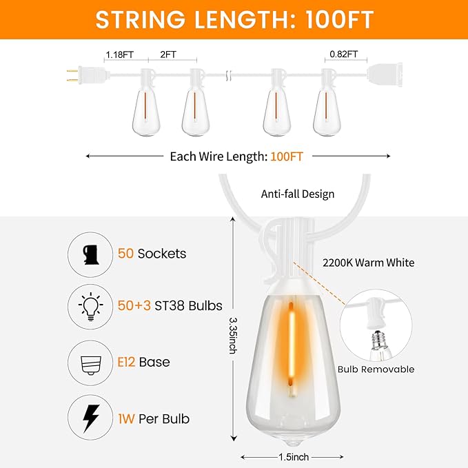 LED Outdoor String Lights 100ft ST38 White Waterproof Patio Lights with 50 Vintage Shatterproof Bulbs(3 Spare), Dimmable Outside Hanging Edison String Lights for Backyard Porch Balcony, Warm White
