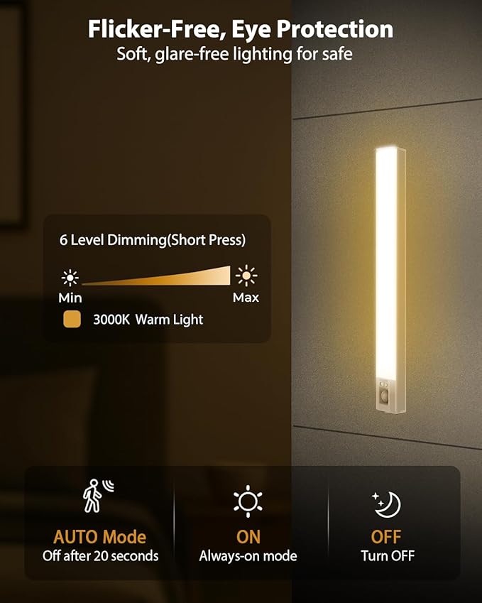 10inch Under Cabinet Lighting, 68 LED Rechargeable Motion Sensor Light Indoor, 6 Levels Dimmable Magnetic Closet Lights, Wireless Under Counter Lights for Kitchen, Stairs, Bedroom, 2-Pack Warm Light