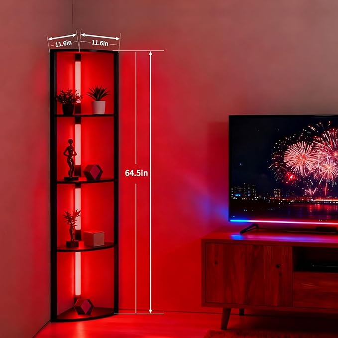 RGBCW Floor Lamp with Shelves, LED Smart Modern Floor Lamp with Music Sync, Color Changing Corner Display Shelf Lamp, Standing Lamp with Shelves for Living Room and Bedroom, Office, Black