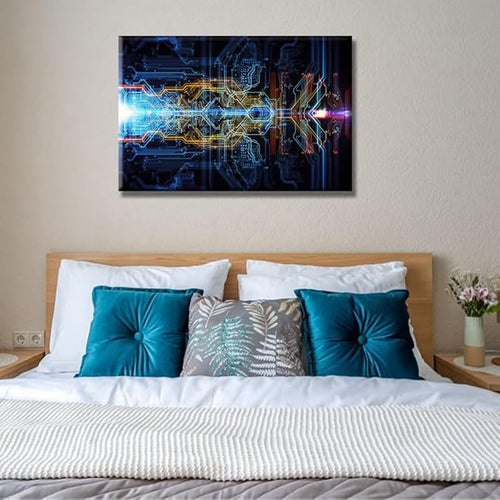 1 Piece Abstract Technological Background Wall Painting CPU Concept Wall Decorations for Living Room Pictures Print on Canvas Circuit Board Framed Artwork for Home Wall Bedroom Decorations 16X24 INCH