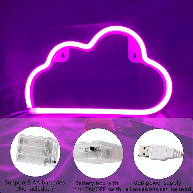 Cloud Neon Sign Pink Cloud Light Sign for Wall Decor,Battery or USB Powered Clouds Shaped LED Sign Decoration Lights for Bedroom Aesthetic Teen Girl Kid Room Christmas Birthday Wedding Party