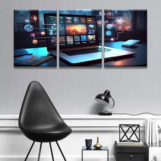 Bedroom Wall Decor 3 Panel Cloud Technology,Smart Home Artwork Print on Canvas for Living Room Bedrooms Wall Decorations, Wooden Framed Gallery-Wrapped Ready to Hang 12x16inchx3