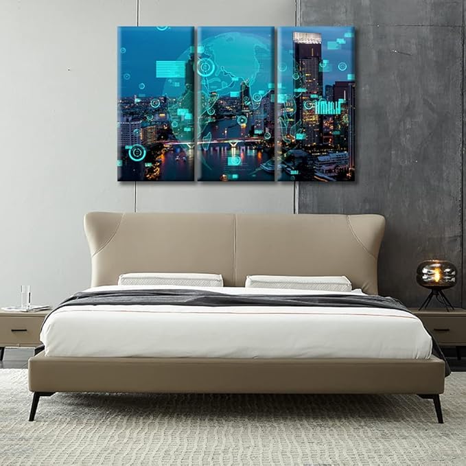 TUMOVO Future of Business Intelligence Pictures Wall Decor 3 Pieces Artificial Intelligence Versus Big Data Wall Decor for Bedroom, Living Room, Office. House Decor Framed Ready to Hang (42" Wx28 H)