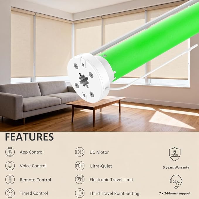 Matter Over WiFi Smart Roller Shade Motor for 1.5"/38mm Tube, WiFi Electric Blinds Kit Works with Apple HomeKit Alexa Google Home SmartThings, No Hub Needed, Quiet Wired Engine, Remote/Voice Control