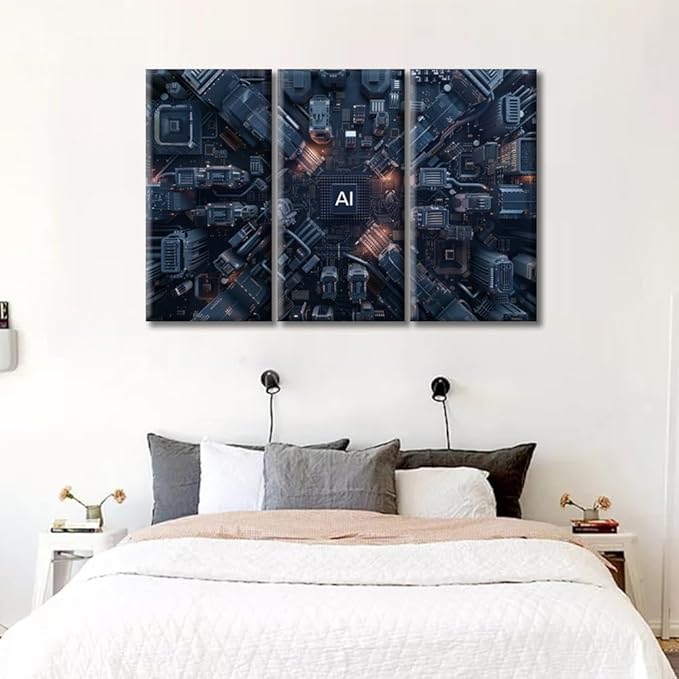 Modern CPU Card with Circuit and Colorful Lights Living Room Decor AI Canvas Prints 3 Panel Modern Wall Art Giclee Gallery-Wrapped Posters & Prints Artwork Wall Decor for Bedroom 60" Wx40 H