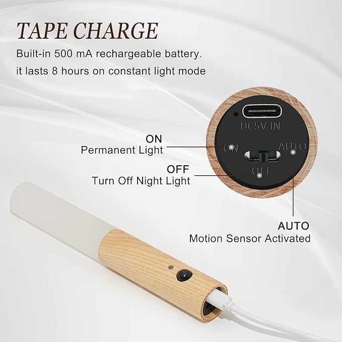 Motion Sensor Night Light, Motion Activated Night Light,Wall Lights Battery Operated,Rechargeable Wall Lights,Suitable for Kids Bathroom，Corridors, Closet ，Stairs (White Ash Wood 1PC)