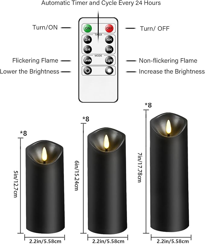 Flickering Flameless Candles, Battery Operated Plastic LED Pillar Candles with Remote Control and Timer, Set of 24 (Black)