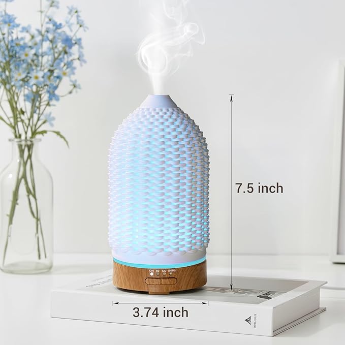 Ultrasonic Essential Oil Diffuser 100ML 3D Printing Ceramic - Cool Mist Humidifier, 7-Color LED Lights, 3 Timer & Auto Shut-Off, Ideal Gift for Home Bedroom Office (White)