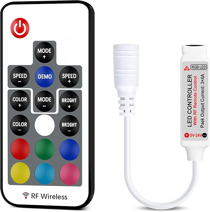 RF Wireless Remote LED Controller,DC 5V-24V RGB Controller for 5050 3528 5630 LED Strip Lights,19 Modes 20 Colors Wireless Dimmer,Memory Function,12A Max Load