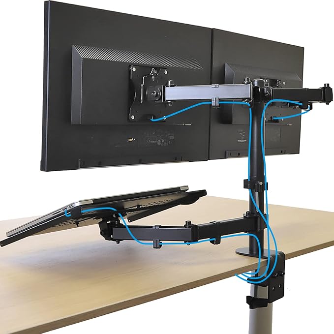 AEONS Dual Monitor and Laptop Desk Mount Combo Stand with Notebook Tray fits 17 inch, 3-in-1 Adjustable Triple Arm Mount fits 27 inch LCD Screen with VESA, Clamp and Cable Management, Black
