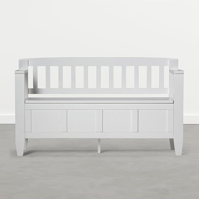 SIMPLIHOME Brooklyn Entryway Storage Bench - 48 inch Wide Solid Wood Storage Seat in Chantilly White, Contemporary Bench for Entryway or Living Room with Lift-Up Lid and Slatted Backrest