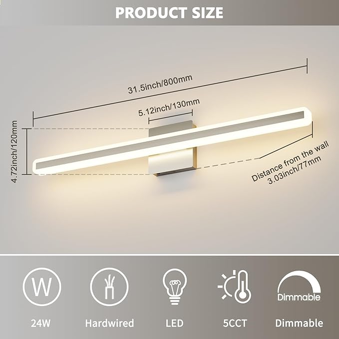 JUSHENG Brushed Nickel Vanity Lights for Bathroom, 5CCT Dimmable Vanity Light Bar, Modern LED Bathroom Lighting Fixtures Above Mirror 32'' Inch 24W