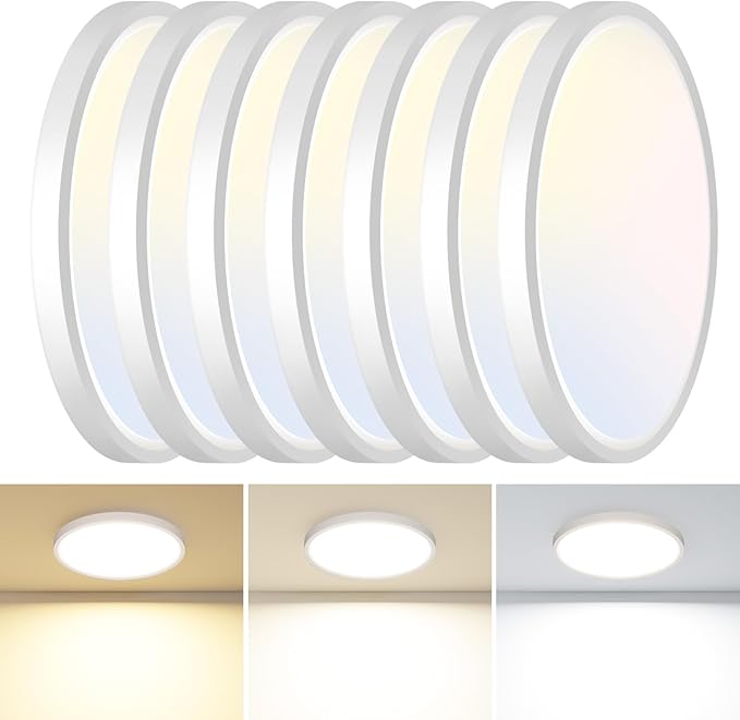 slochi 6 Pack 12Inch Flush Mount Ceiling Light Fixtures -3000K-4000K-6500K Flat Led Lights for Room Ceiling,Ultra Thin Round White Ceiling Lights for Living Room,Bedroom,Kitchen,Bathroom