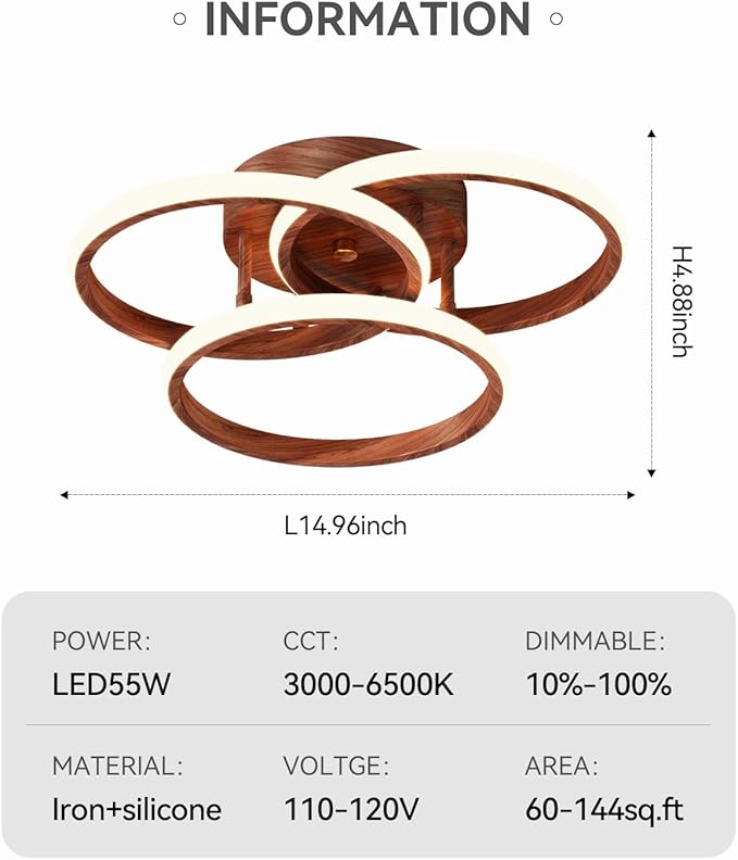 Dimmable LED Semi Flush Mount Ceiling Light Fixture with Remote Control 3-Color Dimming Circle Modern Chandelier, Close to Ceiling Bedroom Kitchen Hallways Balcony Corridor Lamp (15in- 3 Ring Wood)