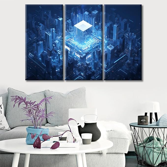 CPU Concept Wall Art Painting Abstract Cube Shape Wall Art Canvas Prints Picture Smart City Stretched and Framed For Living Room Decor Office Wall Decor Home Decoration (36"Wx24"H)