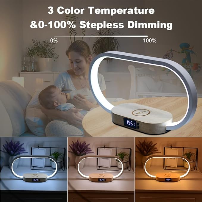 Donewin Bedside Lamp with Wireless Charger,Wooden Table Lamp with Charging Station,Touch Nightstand Lamp with Clock,3 Color Stepless Dimming Touch Lamp for Bedroom,Unique Gifts for Women