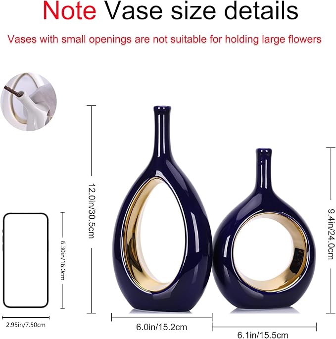 Blue and Gold Vase Ceramic Blue Vases Home Decor,Modern Minimalist Circle with Hole Decorative Vase, Hollow Ellipse Flower vases for Bookshelf, Fireplace Mantle, Centerpieces,Farmhouse,Rustic Décor