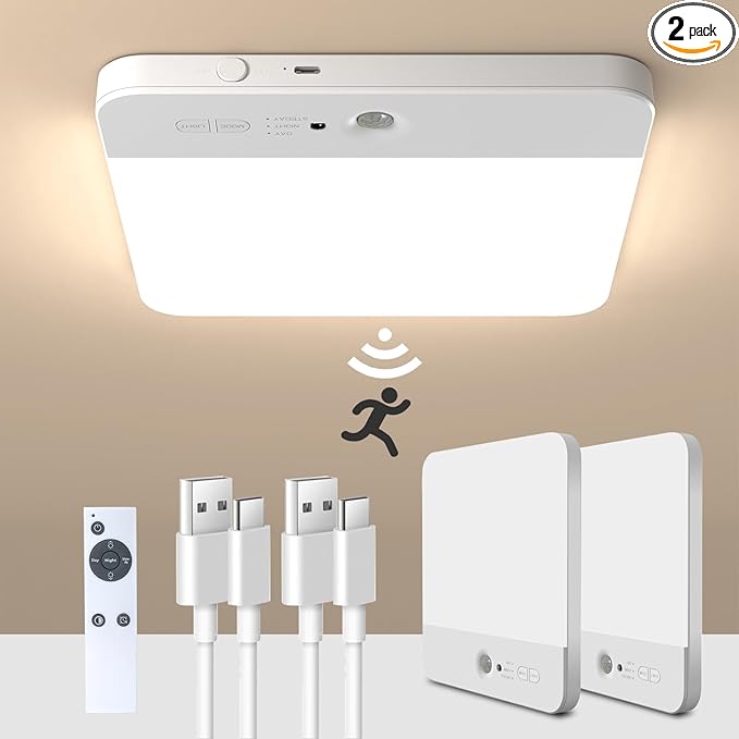 2 Pack Rechargeable Motion Sensor LED Ceiling Light with Remote, Wireless Battery Operated Closet Light, 400LM Dimmable 3 Color Temperatures, Ideal for Stair Hallway Garage Pantry