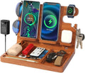 Nightstand Organizer with 4 Wireless Charger for 2 iPhone/Android Phone,Apple Watch,Airpod,Wood Phone Docking Station,27W Fast Wireless Charging Station,Wallet/Key Holder,Gifts for Dad/Men