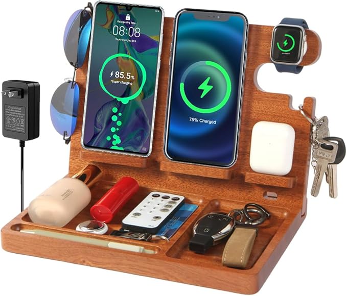 Nightstand Organizer with 4 Wireless Charger for 2 iPhone/Android Phone,Apple Watch,Airpod,Wood Phone Docking Station,27W Fast Wireless Charging Station,Wallet/Key Holder,Gifts for Dad/Men