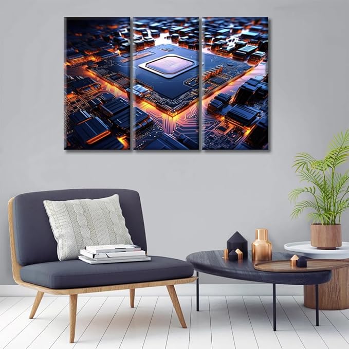 Visual Art Decor 3 Pieces Canvas Wall Art Computer Processors CPU Picture Prints Art Work for Home Circuit Board Pictures Modern Wall Art for Bedroom Bathroom Office Framed Ready to Hang (36"Wx24"H)