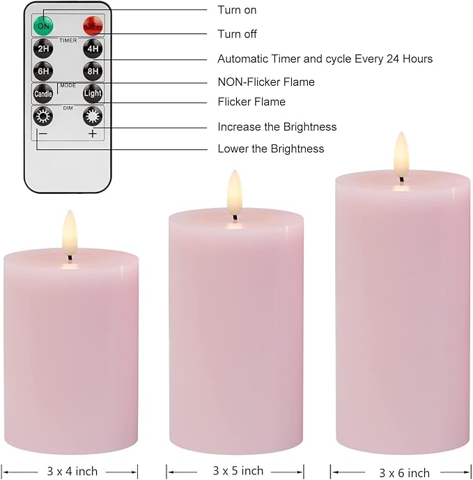 Pink Flameless Candles with Remote and Timer, Real Wax LED Pillar Candles for Living Room Decor, Battery Operated Fake Candles for Bedroom Bathroom Shelf Wedding Home Decor Valentines Day Decorations