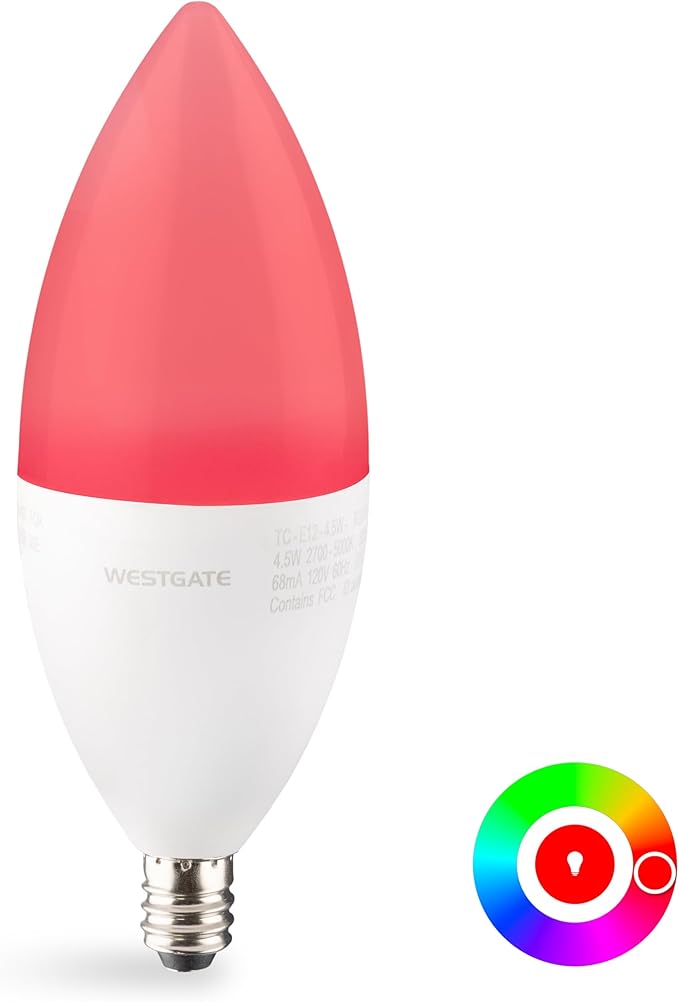 Westgate TC-E12-4.5W-RGBW-WiFi LED Light Bulbs, E12 Base, Color Changing, 25000 Hour Lifespan, Smart Home Compatible with Alexa and Google, Dimmable, 5 Year Warranty (4.5 Watt)