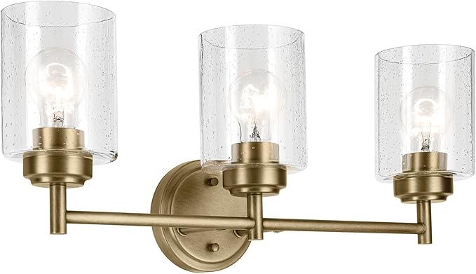 Kichler Winslow 21.5" 3-Light Vanity Light with Clear Seeded Glass in Natural Brass for Vanity, Luxe Industrial, (21.5" x 9.25"), 45886NBR