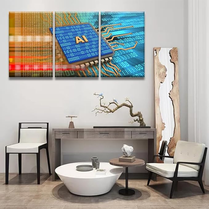 LSIUHWUWI 3 Panels Canvas Wall Decor Modern Art AI Sign and Binary Code Inside Picture Poster for Bedroom Living Room Wall Decorations, CPU Artwork Ready to Hang, 16x24inchx3