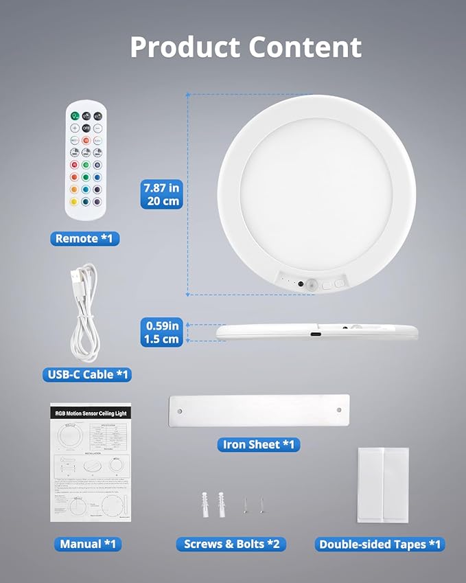 Combuh Rechargeable RGB Shower Lights - 12 Color Changing Ambient Light + Cool White, Motion Activated & Remote Control, Waterproof Cordless Wall Lamp LED for Closet, Pantry, Bedroom, 7.48 Inch