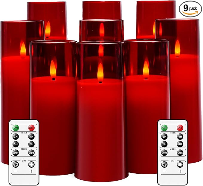 Flickering Flameless Candles Battery Operated with Remote and 2/4/6/8 H Timer Plexiglass Led Pillar Candles Pack of 9 (D2.3 xH5.5 6.5" 7.5") with Realistic 3D Wick Candles for Home Decor(Red)