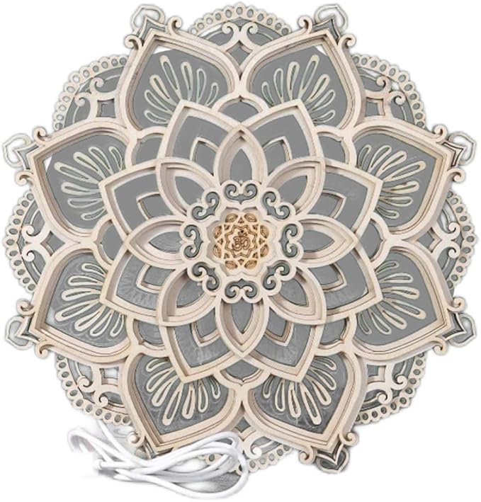 Night Light, 11.8inch Multilayered Cut Carved Mandala Panels Lamp, Wooden Mandala Hanging Light, Yoga Room Atmosphere Light, Wall Decor for Living Room Bedroom