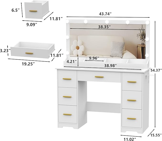 44" Vanity Desk with Mirror and Lights, Glass Top Makeup Vanity with RGB Ambient Lights & 7 Drawers, Large Dressing Table with Power Outlet for Bedroom, White
