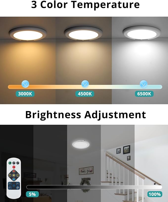 wowatt Battery Operated Ceiling Light Rechargeable Ceiling Lights with Remote Wireless Shower Lighting 3000K 4500K 6500K 7.48in Dimmable Timing Overhead Light for Closet Shower Living Room