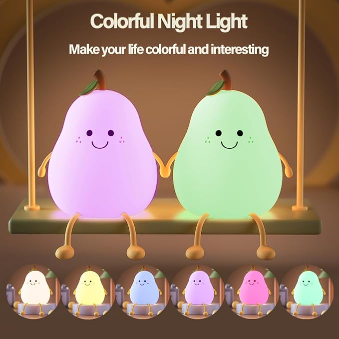 Led Cute Pear Night Light, Dimmable Nursery Lamps, Super Squishy Silicone USB Rechargeable Touch Control 7 Colors Night Lamp for Kids Adults, Used for Camping Party Room Decor(Pear)