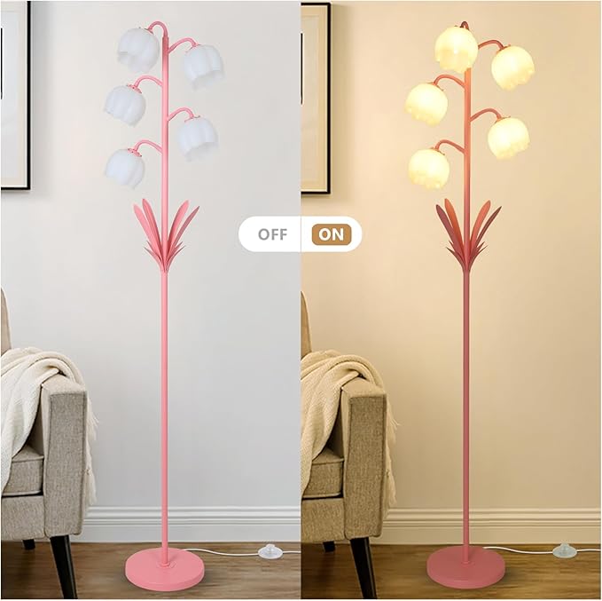 Pink Flower Floor Lamps for Living Room, Modern Floor Lamp with 5 LED Bulbs, Adjustable Standing Lamps for Bedroom Girls Room, Dresser, Kid's Room, Corner Tall Lamp Ambient Lighting for Home Decor