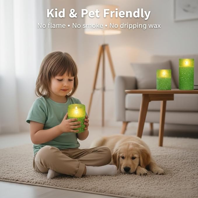 Green Flameless Candles with Remote, Glass Flickering Battery Operated LED Pillar Candles with Timer, Real Wax, Set of 3 x4/5"/6"