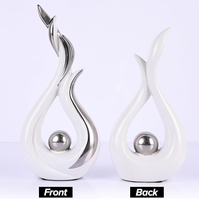 White and Silver Abstract Ceramic Sculptures 2 Set,Modern Home Decor Dining Table Objects,Silver Room Decor for Coffee Table, Shelf, Dining Room, Kitchen, Tv Stand, Entryway Or Desktop Display