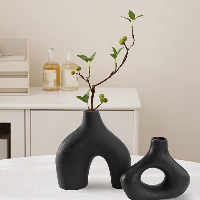 Modern Black Ceramic Vase Set of 2, Durable Donut Vases for Pampas Grass, Minimalist Industrial Boho Decorative Vases for Home Decor, Living Room, Farmhouse, Dining Table, Countertops, Shelf