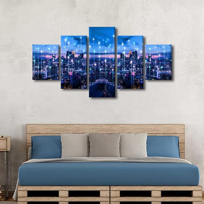 Canvas Wall Art-Bangkok Lighting City 5 Panel Urban Skyline Poster Sense of Technology Picture Futuristic Communication Technology Wall Artwork Internet Companies Meeting Room Decor 60x32 Inch