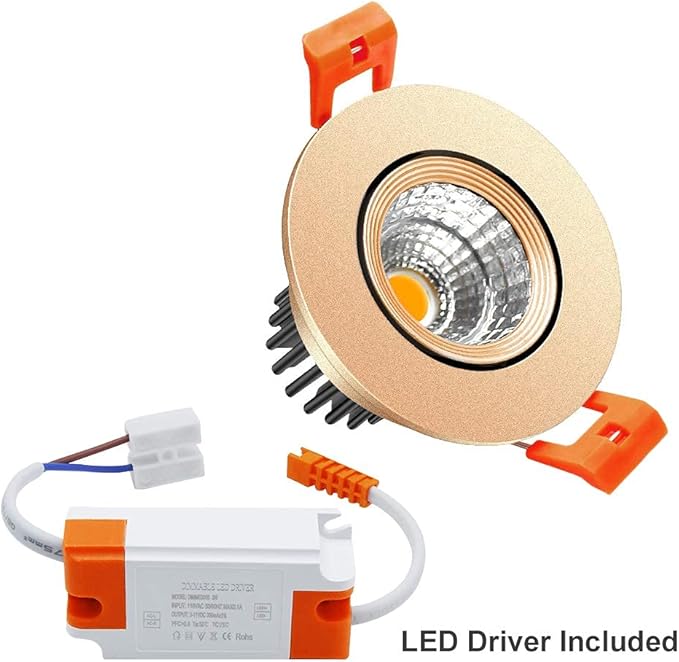LightingWill 2inch LED Dimmable Downlight, 3W COB Recessed Ceiling Light, Natural White 4000K-4500K, CRI80, 25W Halogen Bulbs Equivalent, Gold (10 Pack)