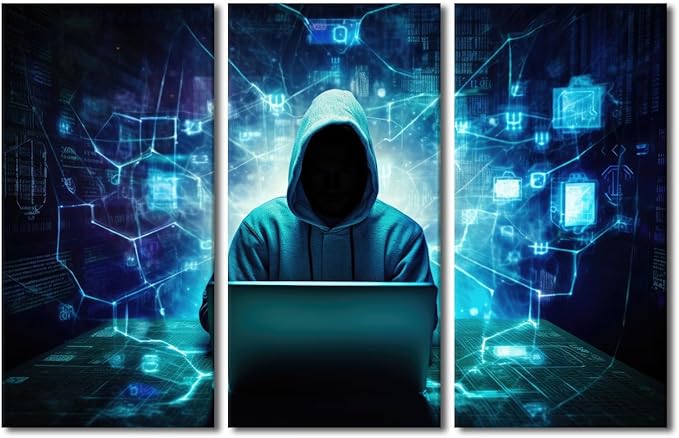 Hacker Malware Pictures for Home Wall Decor AI Big Data Wall Art on Canvas Hacker Paintings Giclee Artwork 3 Pieces Canvas Prints for Living Room Décor Stretched and Framed Ready to Hang, 42"Wx28"H