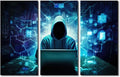 3 Pieces Framed Wall Art AI Big Data Canvas Painting Hacker Malware Pictures Canvas Print Home Office Modern Wall Decor Hacker Posters Giclee Gallery-Wrapped Framed Ready to Hang, 60" Wx40 H