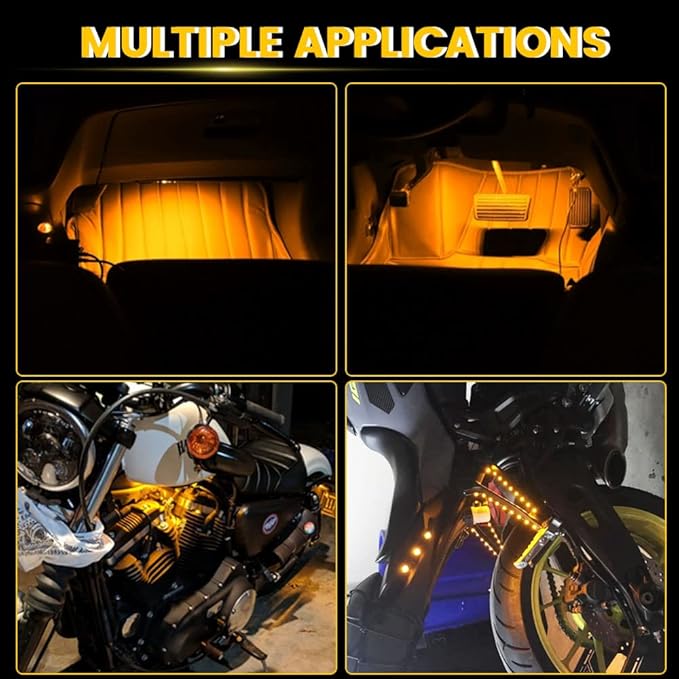 YM E-Bright Amber/Yellow Led Strip Lights for Cars 5050 SMD Waterproof Golf Cart Underglow Lights for Motorcycles Boat Scooter Bike Interior Exterior Decoration DC-12V,Pack of 4