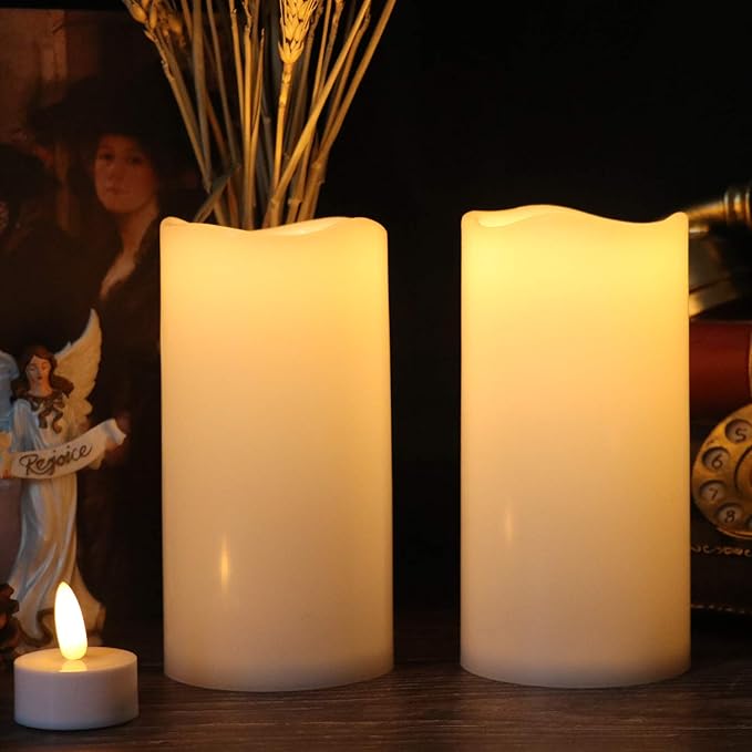 Eldnacele Waterproof Flameless Flickering Candles with 6 Hours Timer, Indoor Outdoor White LED Plastic Battery Operated Pillar Candles Pack of 2 for Wedding Festival White, D3”x H 6”