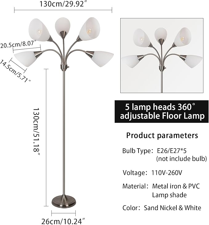 HonoDing Medusa Floor Lamp Standing Lamp 5 Heads Adjustable Reading Light Large Shade Use E26 A19 Bulb for Living Room Bedroom Satin Nickel