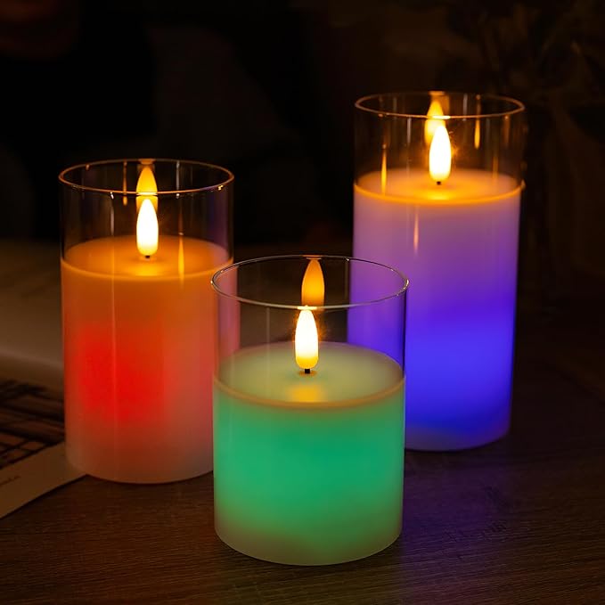 Color Changing Flameless Candle - Glass Flameless Candles with Timer, Battery Operated Candles with 18-Key Remote, Real Wax Flickering LED Pillar Candles for Wedding Party Home Decor (Multicolor)