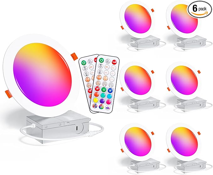 Recessed Lighting 6 Inch RGBCW Color Changing Canless LED Recessed Ceiling Light with Junction Box,16W 1350LM LED Downlight Dimmable by Remote Control, Memory, 3 Modes, Delayed Light Off, 6Pack
