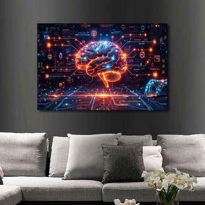 Artificial Intelligence Brain Data Analysis Paintings Wall Art Futuristic Technology Posters and Prints Frame Neural Network Pictures for House Wall Decor AI Art Wall for House 24"Wx36"Hx1 Panel